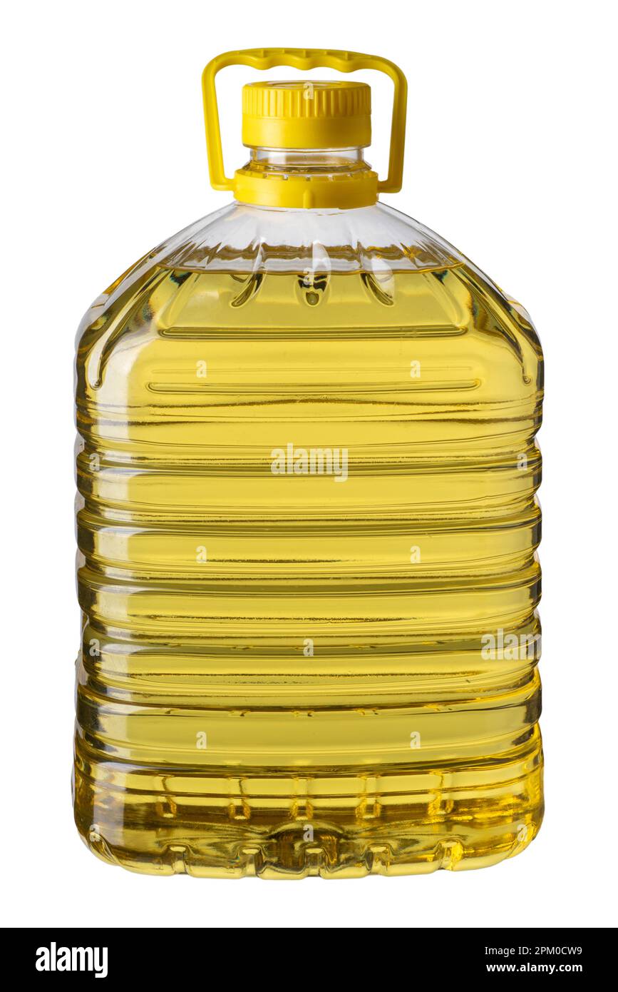 Große Ölflasche aus Kunststoff; 5-Liter-Flasche auf weißem Boden isoliert; Abschneideweg inbegriffen Stockfotografie