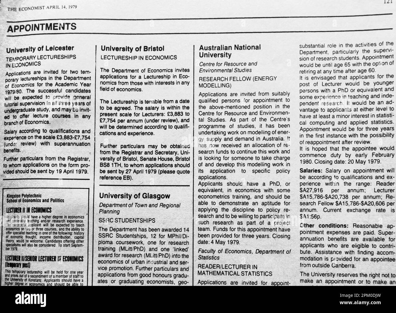 Apponitments Einstellung von Dozenten Professoren in einem britischen Magazin 1975 Stockfoto