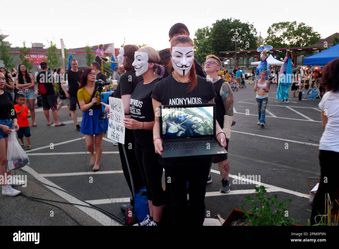 Anonym für sprachlose vegane Tieraktivisten mit dem Cube of Truth mit Schildern, elektronischen Geräten und Guy Fawkes Masken in St. Paul, MN. Stockfoto