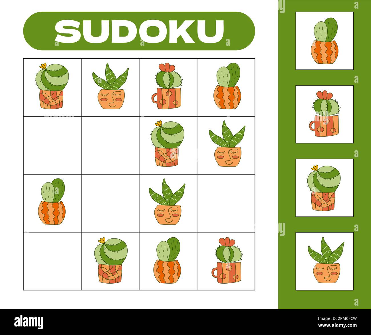 Kinder Sudoku spielen 4x4-Arbeitsblatt aus sen Kakteen in  zentangle-Tpfen. Kinderrtsel, logisches Rtsel, pdagogischer RBus mit  lustigen Kakteen fr Kinder Bcher Magazine. Vektordarstellung  Stock-Vektorgrafik - Alamy