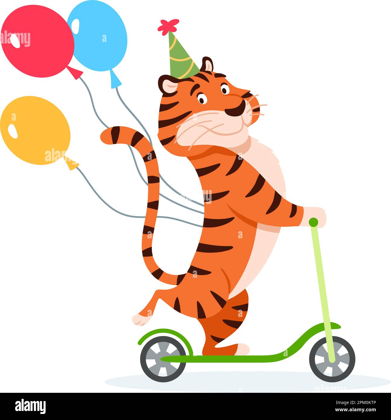 Happy Cartoon Tiger in Birthday hat fährt einen Kick Roller. Weihnachtliche wilde Katze mit bunten Ballons isoliert auf weißem Hintergrund. Bezaubernder orangefarbener Streifen Stock Vektor