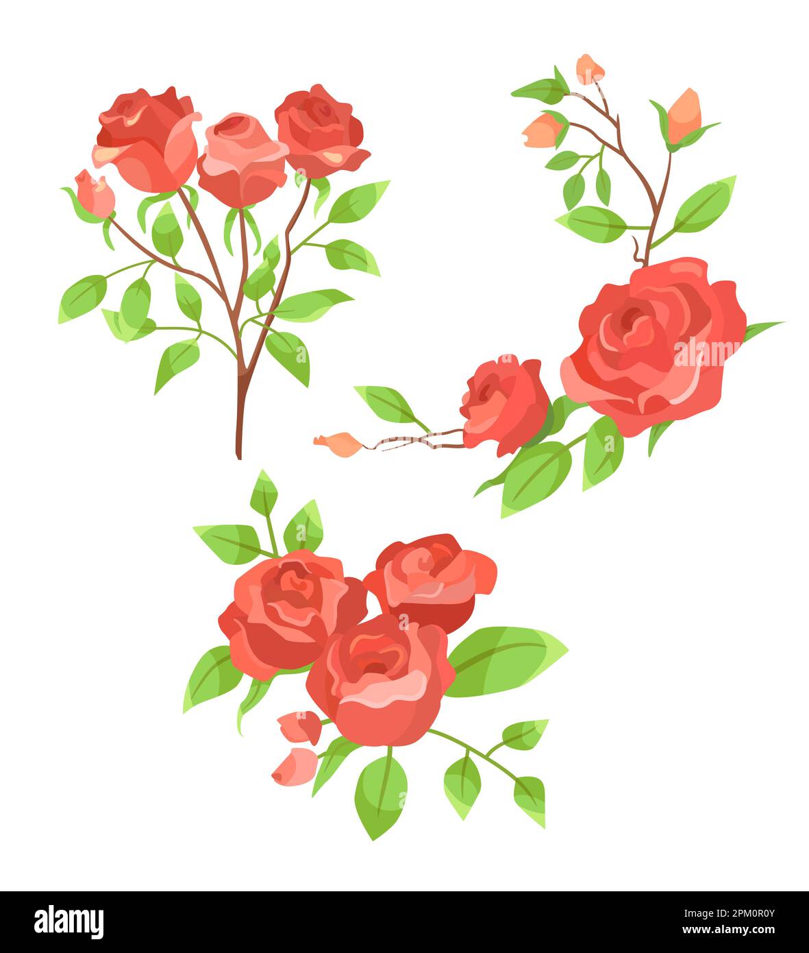 Blühende rote Rosen verzweigen ein Zeichentrickset Stock Vektor