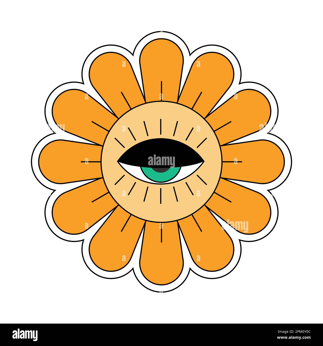 Gute Vibes mit Hippie-Kamille-Charakter. Gänseblümchen-Retro-Maskottchen mit Blumenkopf und Auge. Boho im Cartoon-Stil. Trendiges blumendesign aus den Y2Y Jahren mit Popkultur. Isoliertes EPS-Vektorelement Stock Vektor