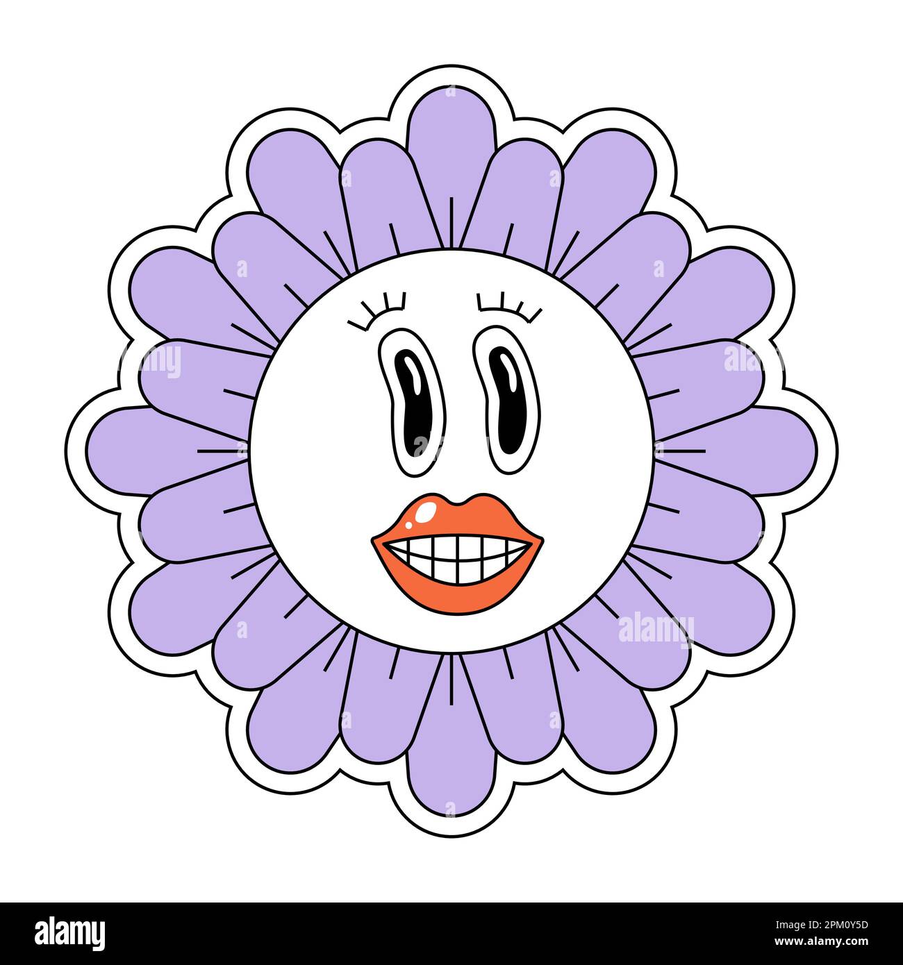 Gute Vibes mit Hippie-Kamille-Charakter. Gänseblümchen-Retro-Maskottchen mit Blumenkopf und Auge. Boho im Cartoon-Stil. Trendiges blumendesign aus den Y2Y Jahren mit Popkultur. Isoliertes EPS-Vektorelement Stock Vektor