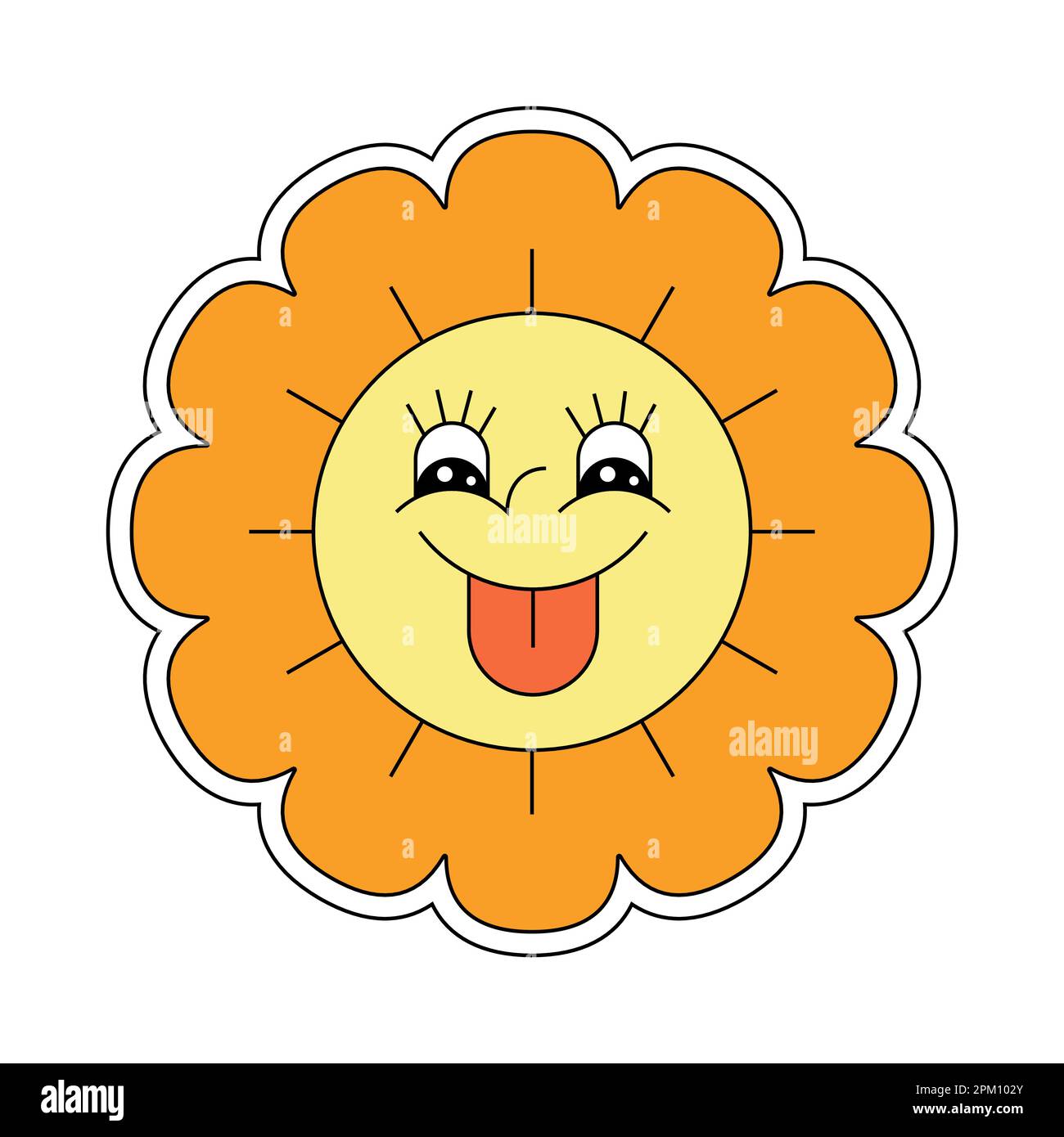 Hippie groovy Kamille Smiley Charakter gute Vibes. Das fröhliche Maskottchen im Retro-Gänseblümchen-Stil zeigt die Zunge. Positive nostalgische Vintage-Cartoon-Pflanze. Trendiges Y2Y-Design mit Blumenmuster Stock Vektor