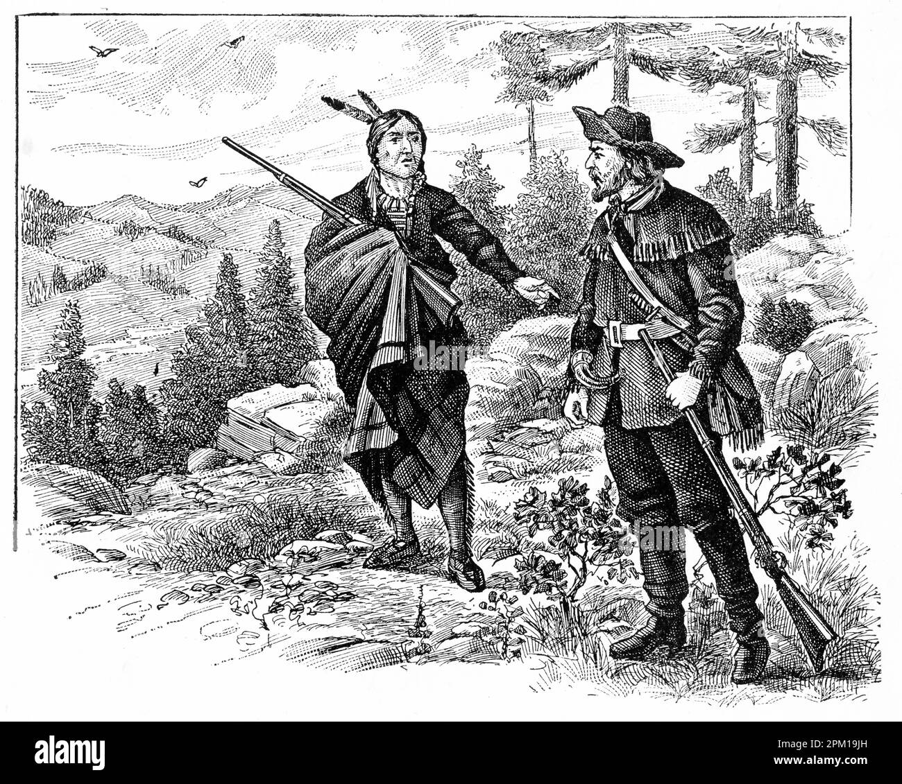 Gravur eines indianischen ureinwohners, der mit einem amerikanischen Kolonisten im Wald spricht. Stockfoto