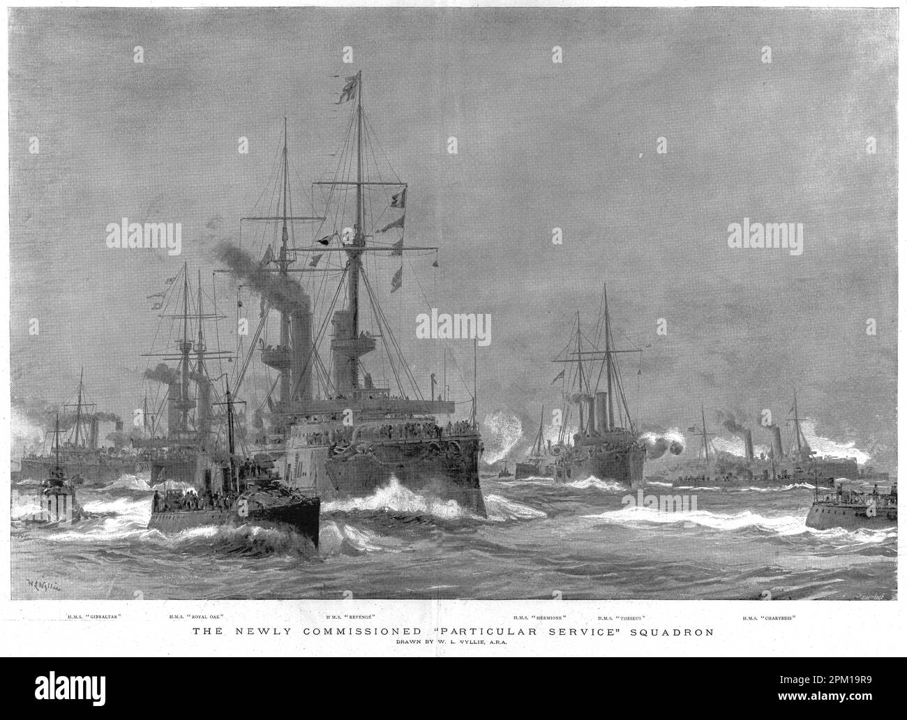 Die neu in Auftrag gegebene "Sonderdienst"-Staffel der britischen Marine - HMS Gibraltar, Royal Oak, Rache; Hermine; Theseus, Charybdis, 1896 Stockfoto