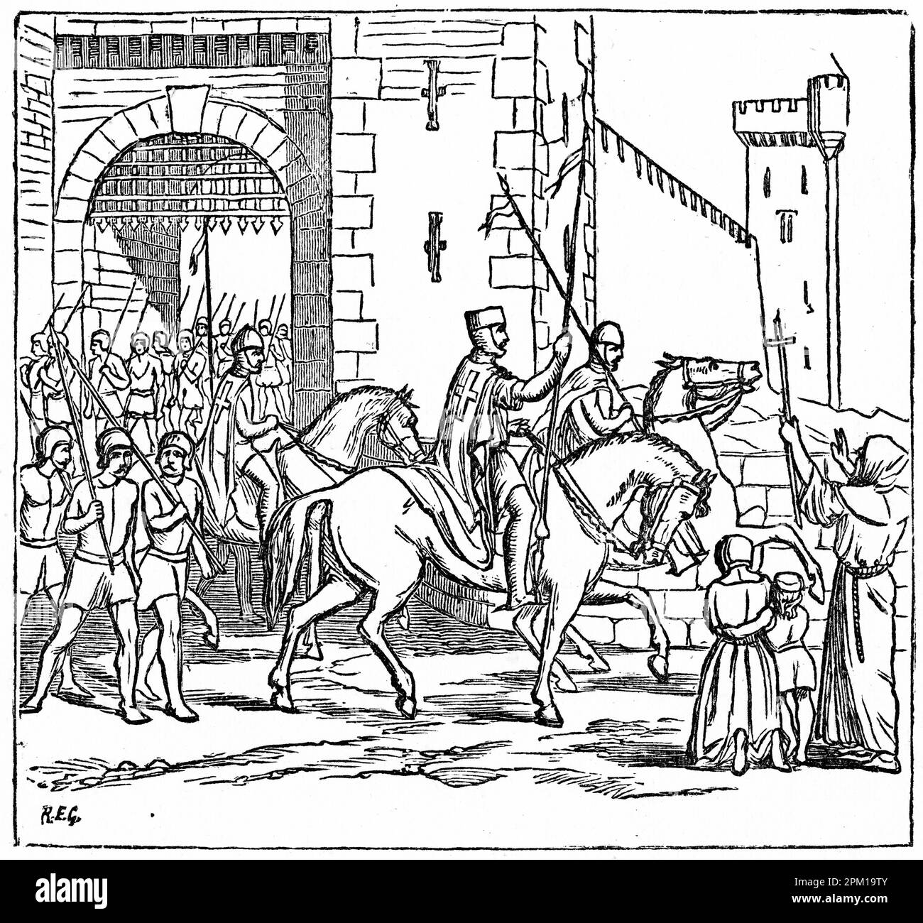 Kreuzritter verlassen ihre Burg in Europa für den Nahen Osten, veröffentlicht um 1880 Stockfoto