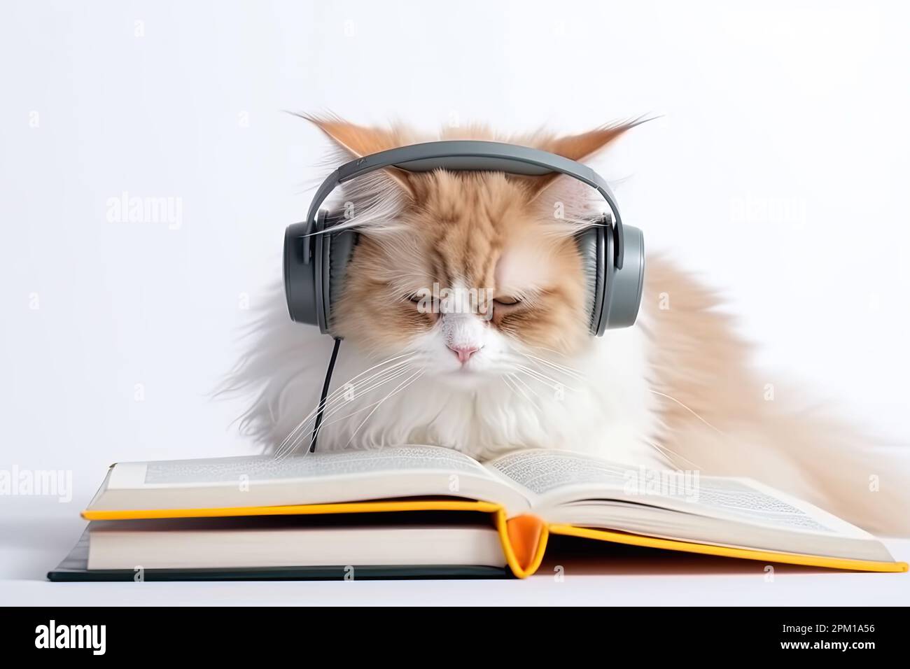 Lernspaß und Online-Unterricht mit Kopfhörern. Schlaue Katze, die ein Buch liest Stockfoto