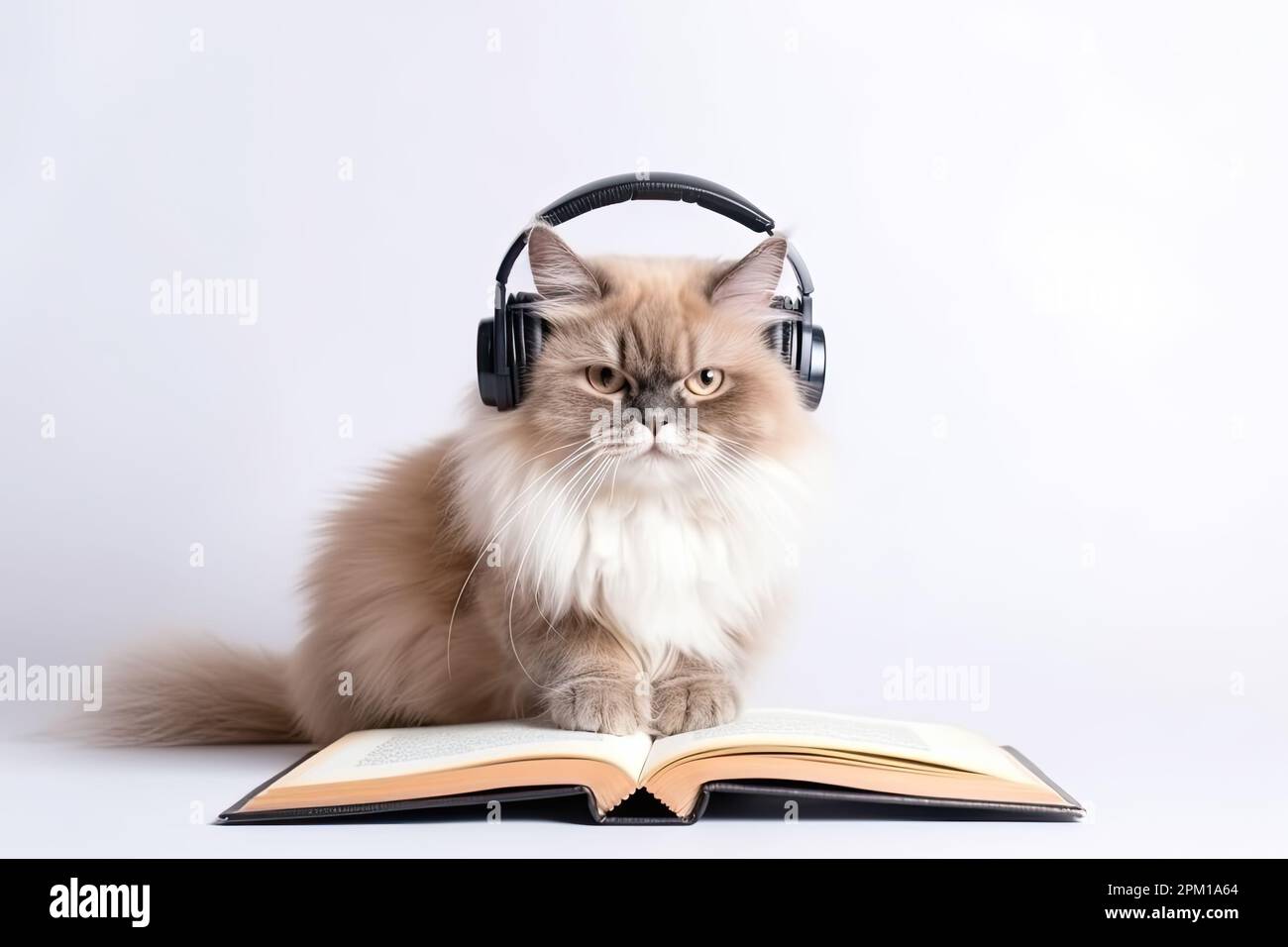 CAT-Schüler lernen und hören sich den Online-Unterricht über Kopfhörer an. Flauschige Katze liest ein Buch Stockfoto