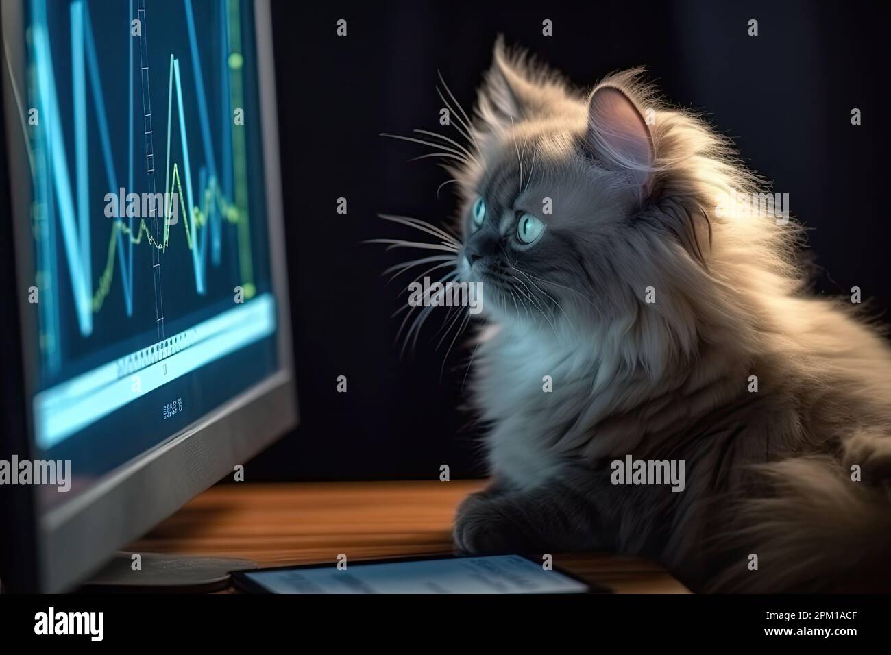 Aktiendiagramme auf dem Display von Laptop und Business Cat. Börsenhandel-Ausbildung für Katzen-Schüler-Konzept Stockfoto