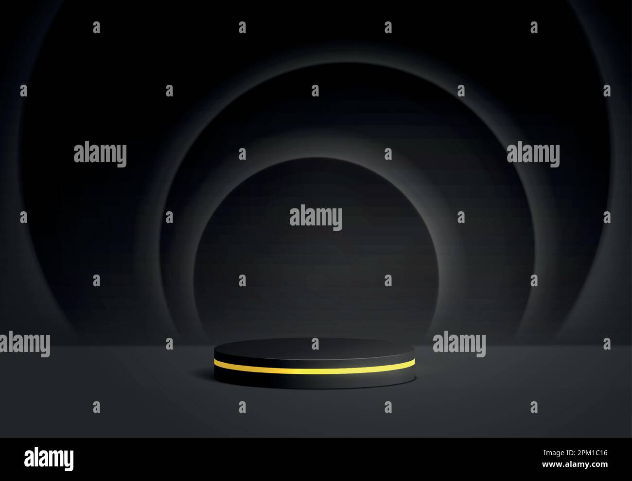 Podiumanzeige für kosmetischen Hintergrund. Studiobühne mit Hintergrundschatten und Kreisen an der Wand. Realistische Vektordarstellung eines schwarzen Sockels mit goldenem Ring auf schwarzem Hintergrund Stock Vektor