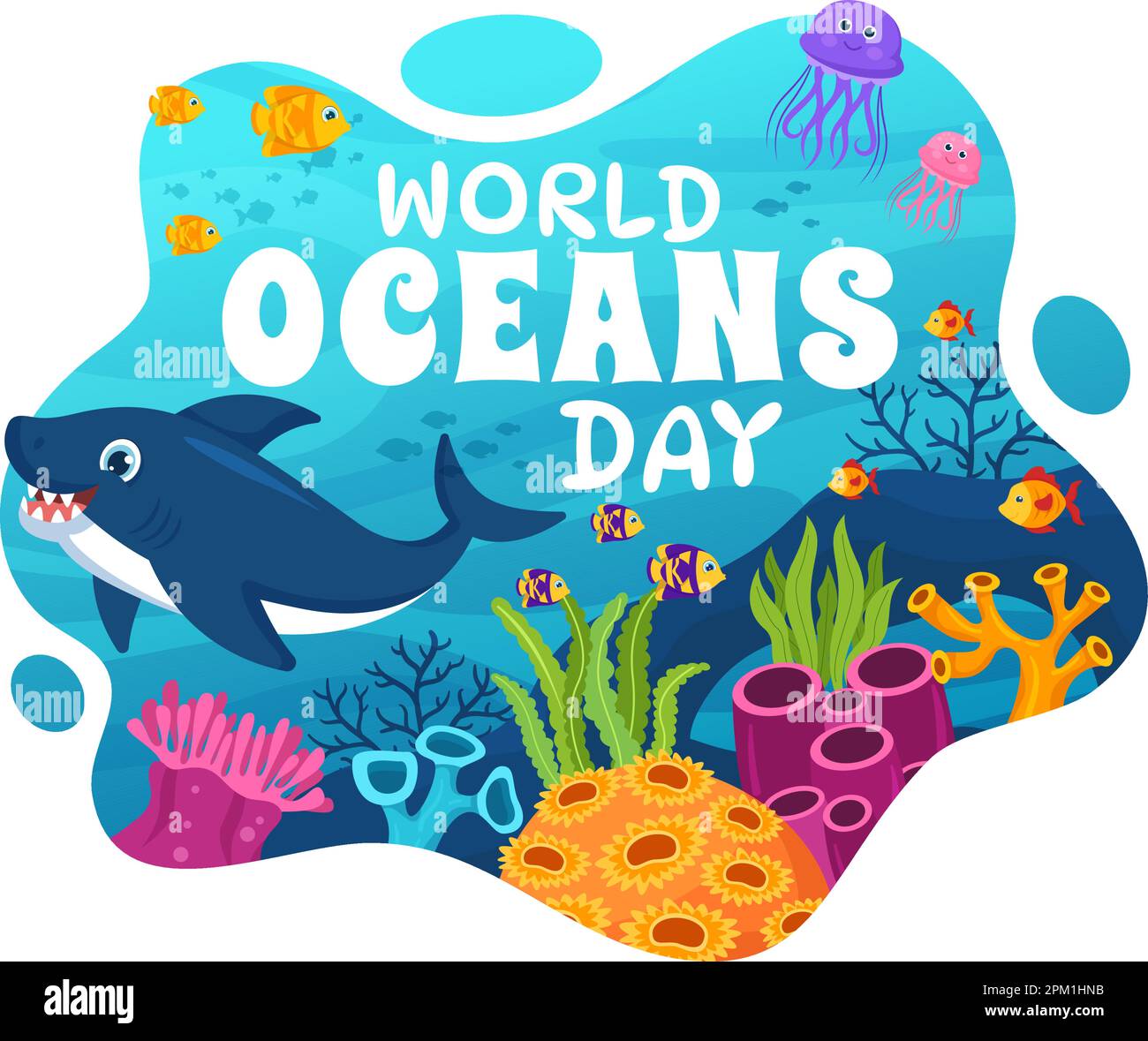 Illustration zum Weltmeertag zum Schutz und Erhalt von Ozean-, Fisch-, Ökosystem- oder Meerespflanzen in flachen Cartoons, handgezeichnet für Landing-Page-Vorlagen Stock Vektor
