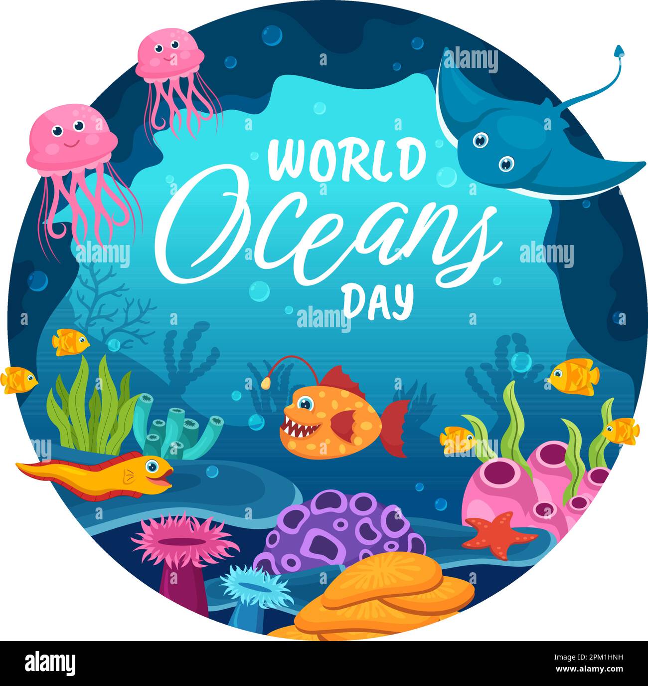 Illustration zum Weltmeertag zum Schutz und Erhalt von Ozean-, Fisch-, Ökosystem- oder Meerespflanzen in flachen Cartoons, handgezeichnet für Landing-Page-Vorlagen Stock Vektor
