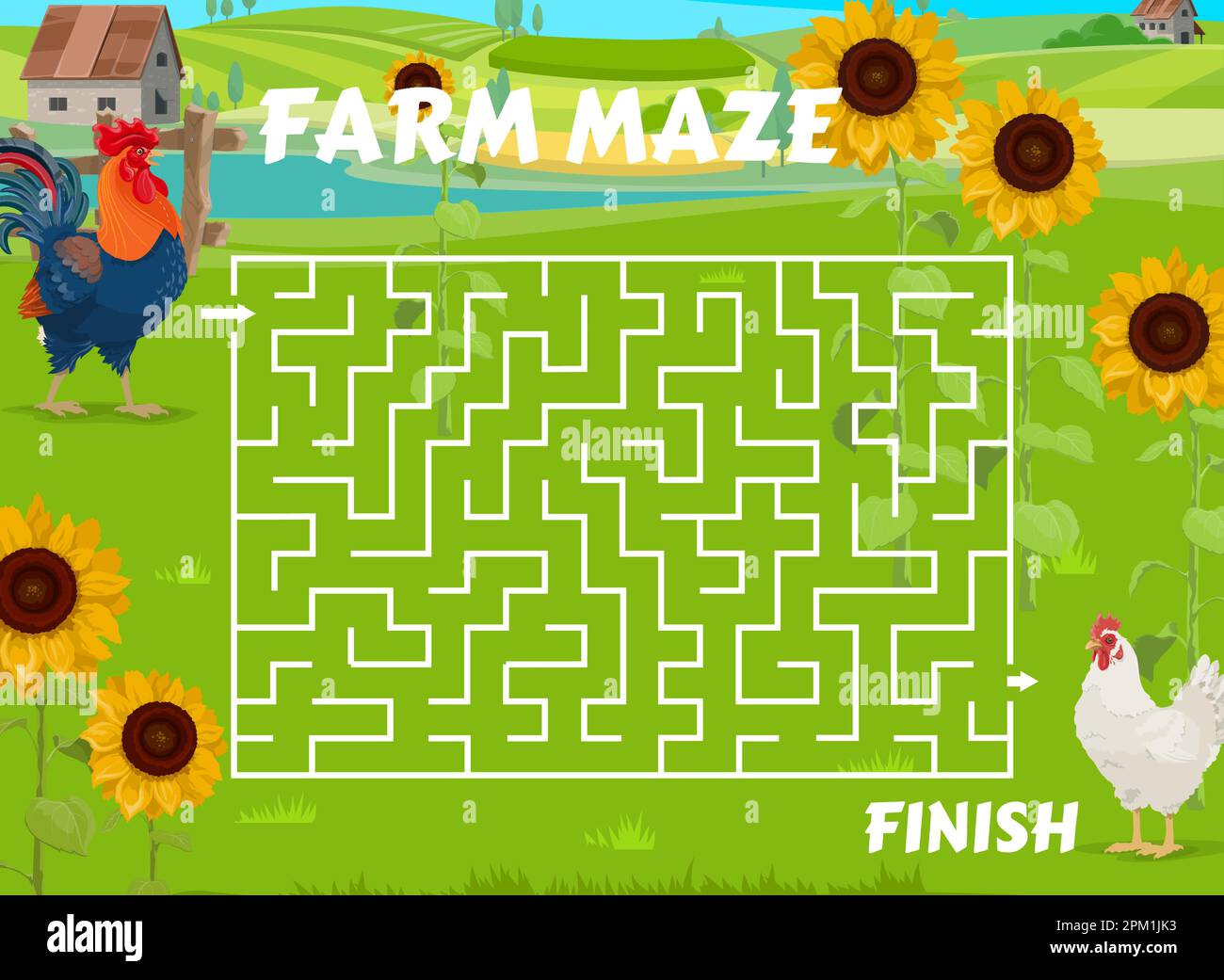 Labyrinth-Labyrinth-Spiel. Hilf dem Hahn, das Huhn auf dem Hof zu finden. Kinder Labyrinth Puzzle, Kinder Labyrinth Vektor Arbeitsblatt oder Quiz mit Hahn und Hühnerfarm po Stock Vektor