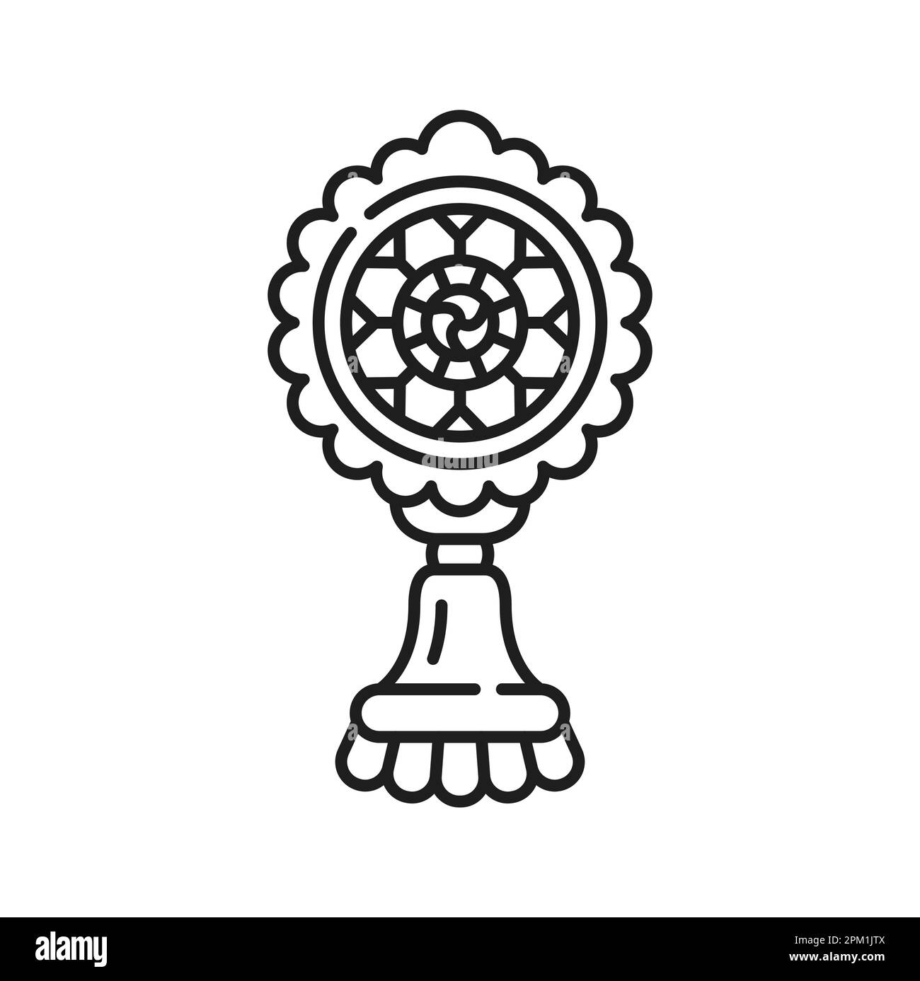 Buddhismus Religionssymbol von Dharmachakra oder Dharma-Rad, buddhistisches Vektorsymbol. Buddhismus, Hinduismus, Jainismus und tibetisches buddhistisches religiöses Symbol von D. Stock Vektor