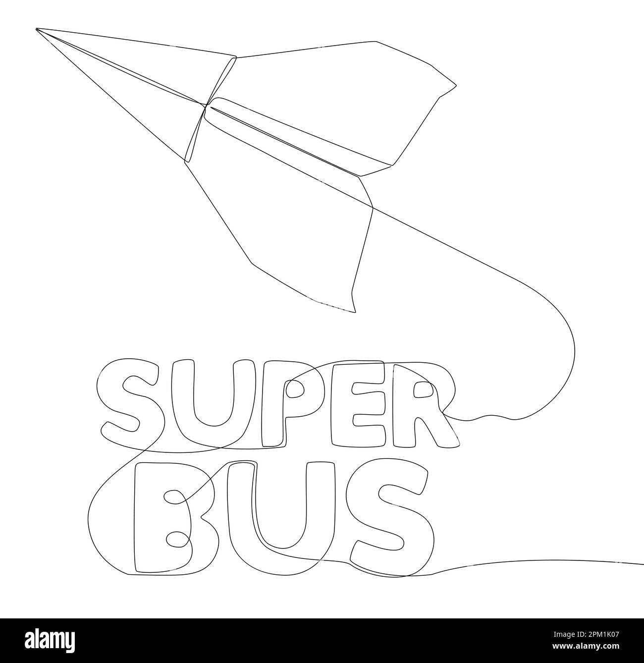 Eine durchgehende Zeile Papier-Flugzeug mit Super-Bus-Text. Vektorkonzept zur Darstellung dünner Linien. Kontur Zeichnen kreativer Ideen. Stock Vektor