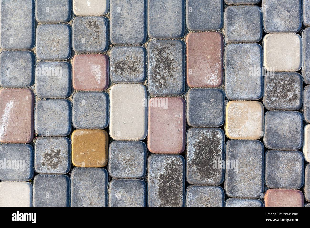 Gleichmäßig verlegte Pflastersteine auf dem Boden der Straße in Reihen. Stockfoto