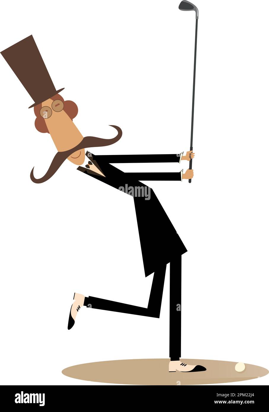 Cartoon langer Schnurrbart Herr mit Hut hält einen Golfschläger und versucht, einen guten Schuss zu machen Stock Vektor