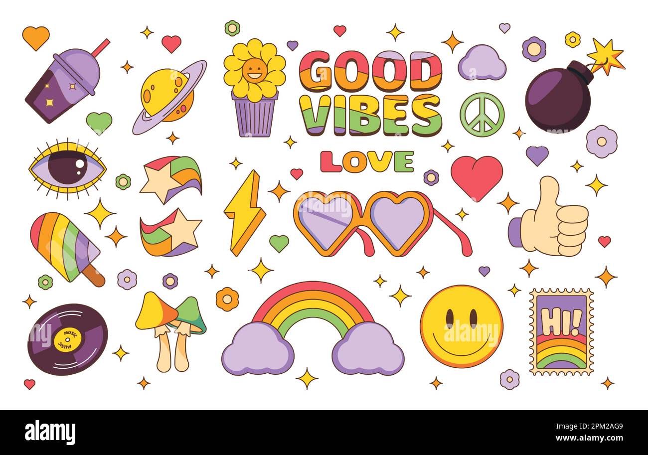 Trendige Flecken. Doodle Hippie abstrakte geometrische Sticker für grafische Kunst, niedliche chaotische psychedelische Comic-Sticker. Farbenfrohes Vektor-Set. Gute Vibes, farbenfroher Frieden, Herzsymbole Stock Vektor