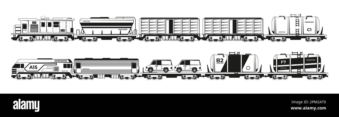 Silhouetten trainieren. Schwarze Personen- und Güterzuglokomotiven, Eisenbahntransportfahrzeuge mit unterschiedlichen Containern und Güterwagen. Vektorsatz. Industrietransport, Lieferwagen auf der Plattform Stock Vektor