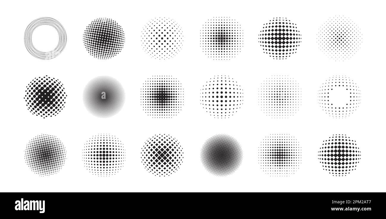 Runde Halbtonformen. Abstraktes geometrisches Punktmuster und moderne Punktmuster für das Druckdesign. Vektor isoliertes Set. Runde Elemente mit schwarzem, einfarbigem Blot-Effekt Stock Vektor