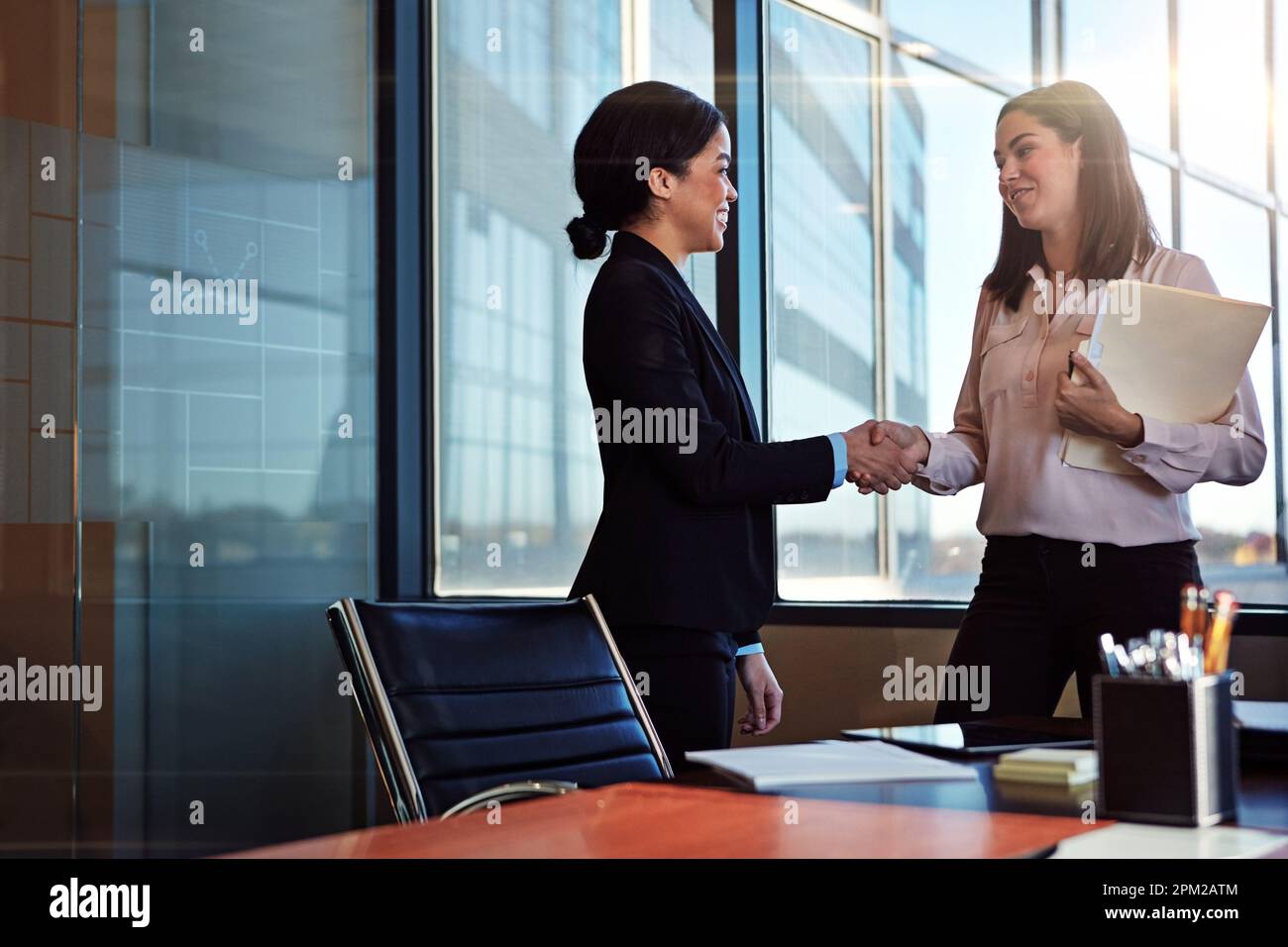 Dann machen wir gemeinsam große Dinge. Zwei junge Anwälte unterhalten sich in ihrem Büro. Stockfoto