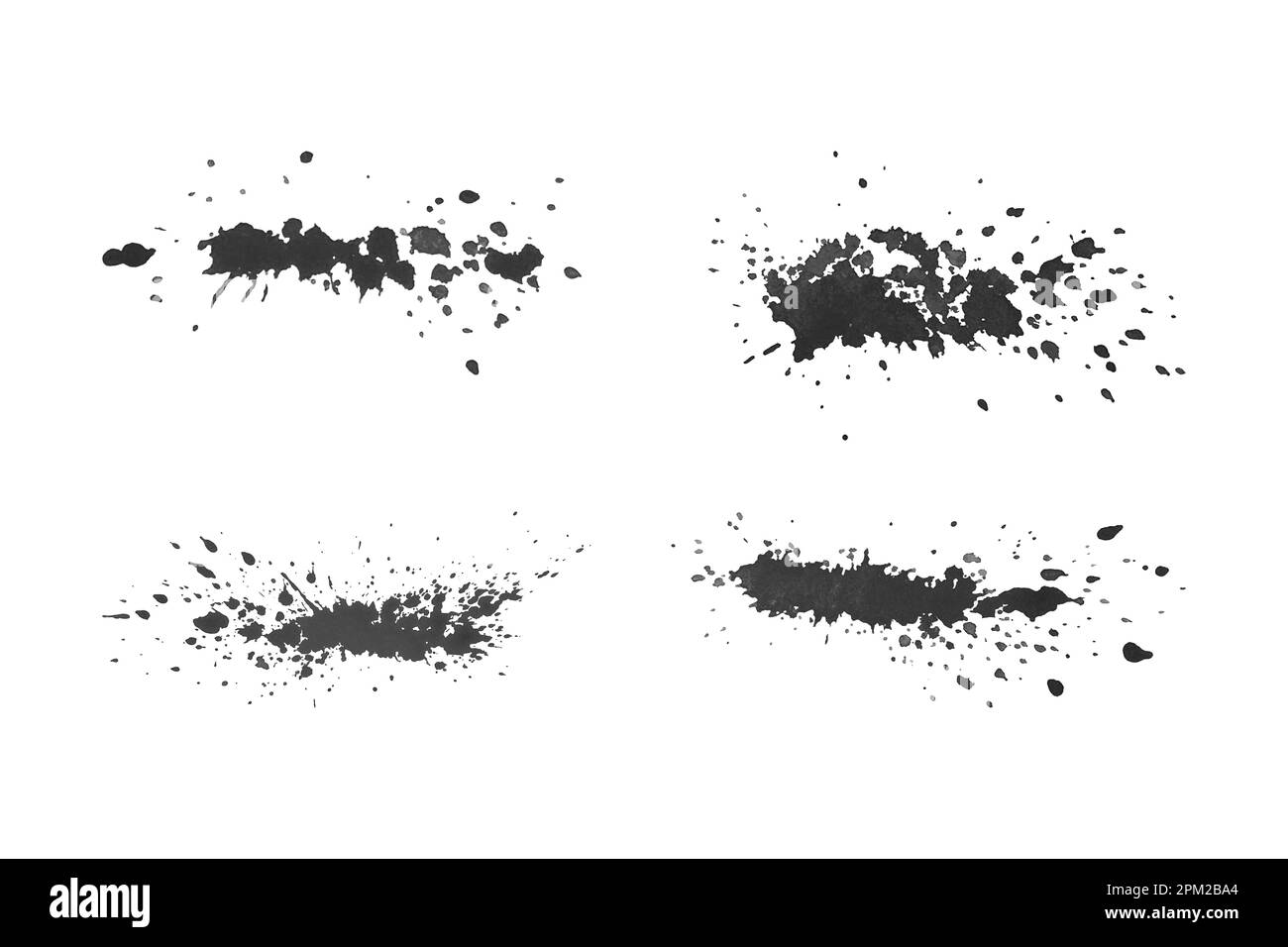 Flecken und Tropfen von Wasserfarben, Streifen von Farbstrichen mit Spritzer, Designelement. Schwarzweiß. Vektordarstellung Stock Vektor