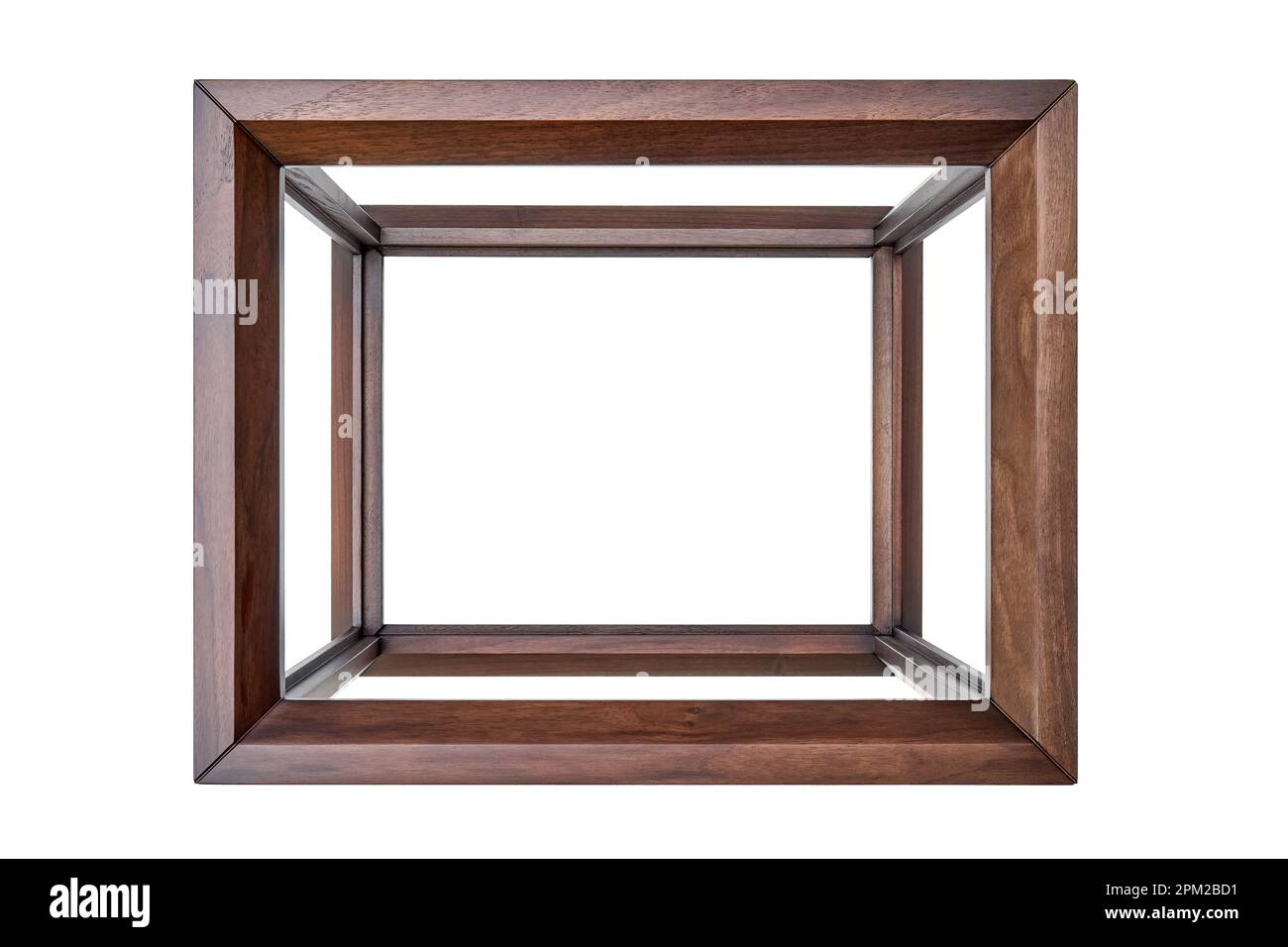 Holzrahmen des Nachttischs aus massivem Walnussholz isoliert auf weißem Hintergrund. Winkelgelenk der Bretter an Dübeln Stockfoto