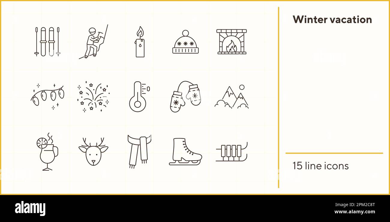 Winterurlaub Line Icon Set mit Weihnachtsrentier und Schal Stock Vektor
