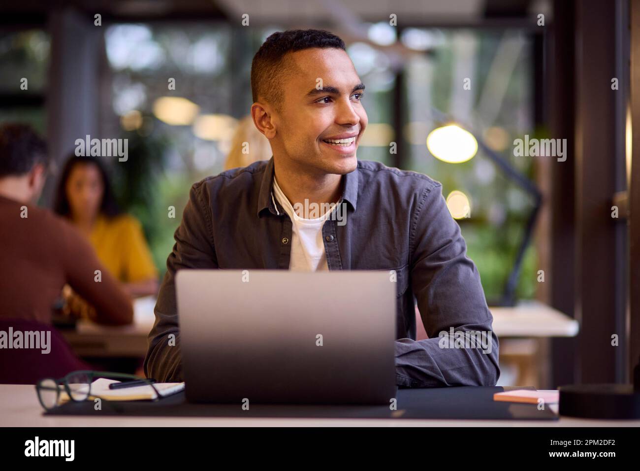 Junger Geschäftsmann, Der Am Schreibtisch Im Büro An Einem Laptop Arbeitet Stockfoto