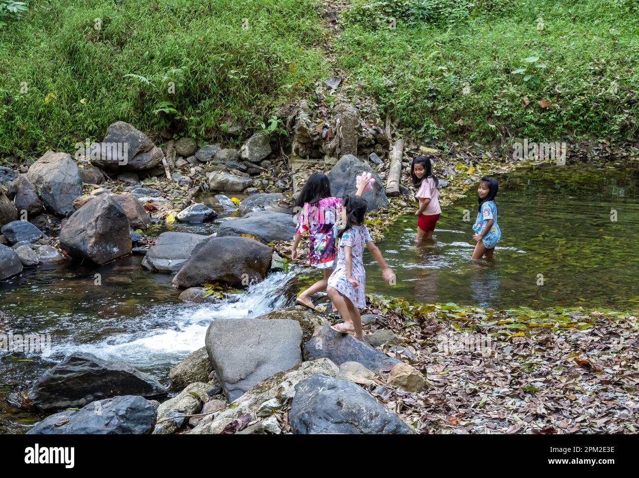 Junge Mädchen spielen im Wasser entlang eines Bachs. Khao Sok Nationalpark, Thailand. Stockfoto