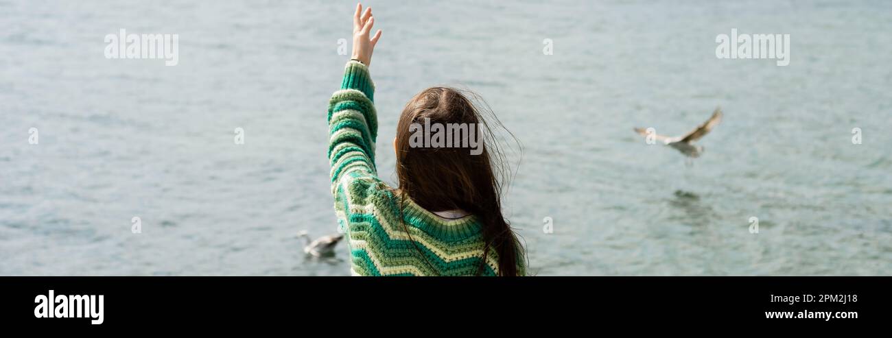 Rückansicht einer brünetten Frau im Pullover, die neben verschwommenen Möwen auf dem Wasser in der Türkei steht, Banner, Stockbild Stockfoto