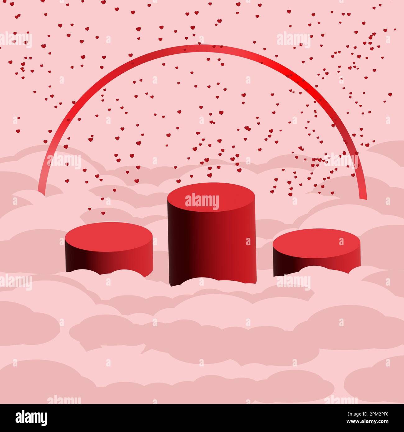 Rotes Podium auf pinkfarbenen Wolken mit rotem Herzen als Hintergrund perfekt für den Valentinstag, rotes Podium, um Ihre Produkte zum Valentinstag zu präsentieren. Stockfoto