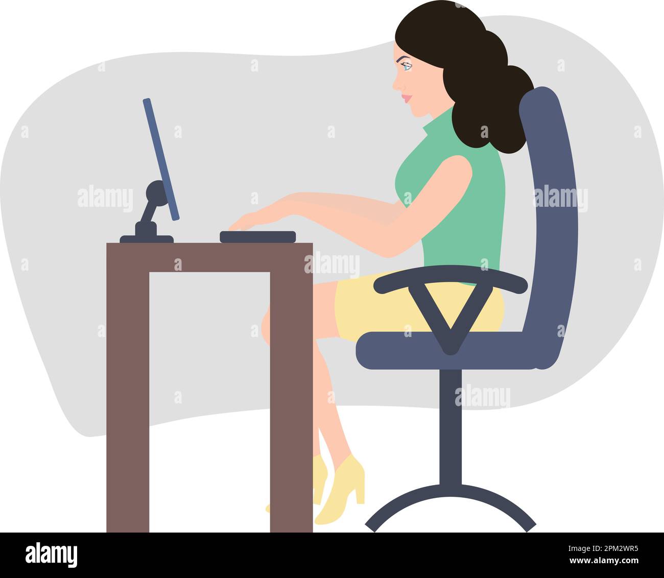 Beschäftigte junge Frau, die am Schreibtisch sitzt und einen PC verwendet. Texteingabe über die Tastatur. Infografiken für Office Manager for Business. Vektordarstellung Stock Vektor