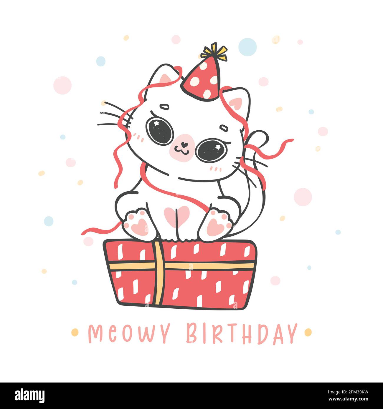Niedliche niedliche, verspielte Katze sitzt auf der Geschenkbox, mürrischer Geburtstag fröhliche Tierkarikatur Zeichentrickfigur Stock Vektor