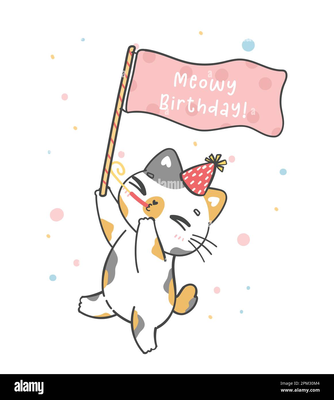 Süße, lustige, verspielte Calico Katzenhütten Party-Flagge, Meowy Geburtstag, fröhliche Tier-Zeichentrickfigur Stock Vektor