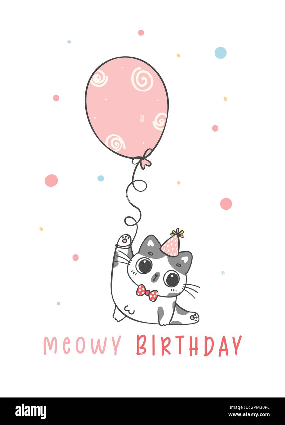 Niedlich lustig verspielter Geburtstag Kalico Kätzchen Katzenhalter Ballon, Meowy Geburtstag, fröhliche Tier Tier Cartoon Doodle Charakterzeichnung Stock Vektor