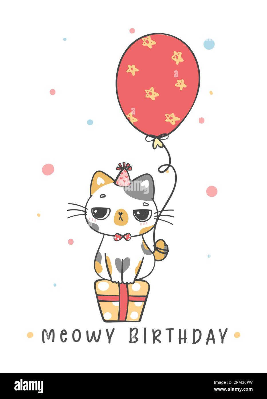 Süße, lustige, mürrische Kalico-Katze in der Geschenkbox mit Ballon, Meowy Birthday, fröhliche Tier-Cartoon-Zeichentrickfigur Stock Vektor