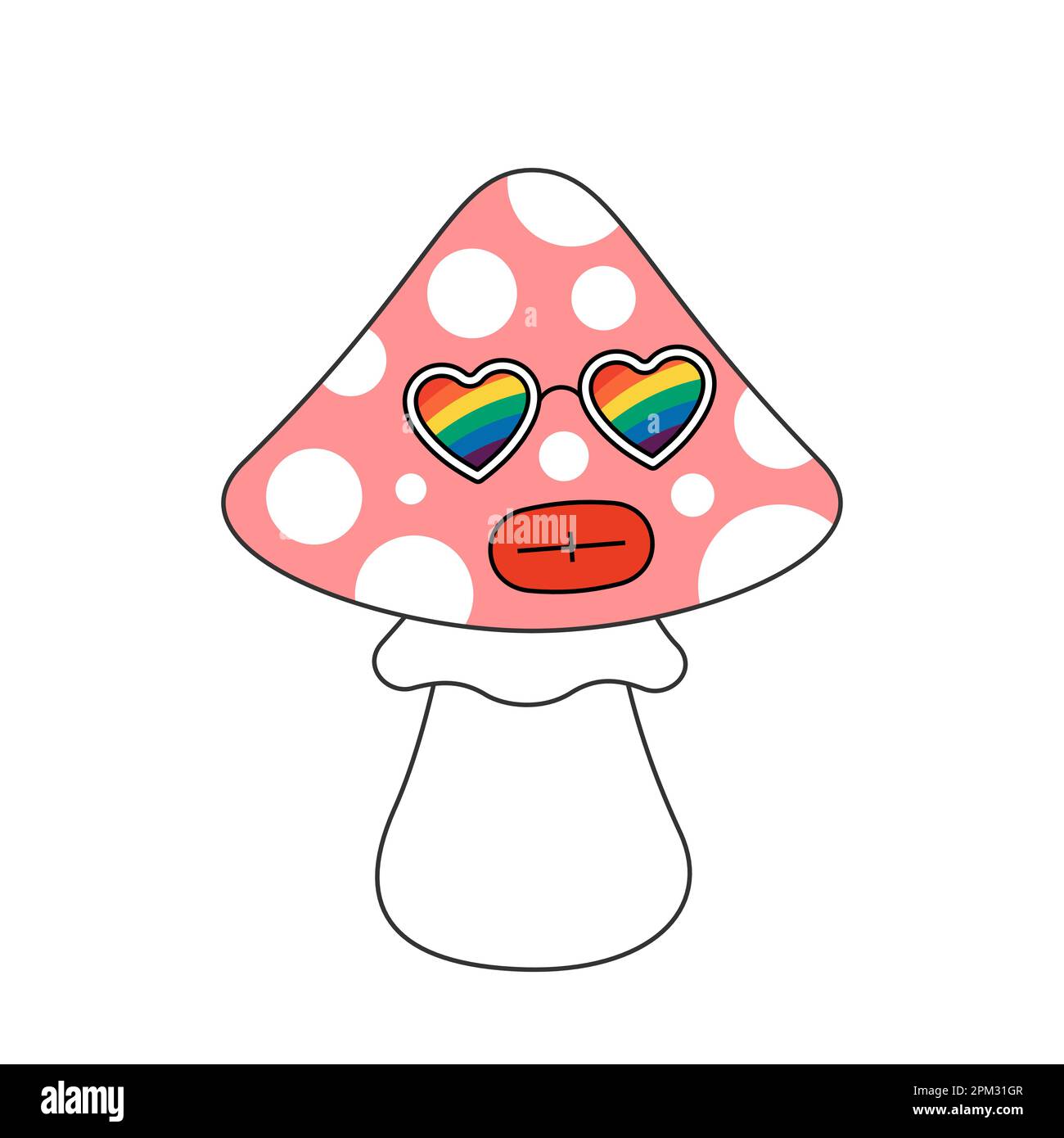 Coole Pilzfigur im Retro-Look mit Regenbogenbrille. Hippie psychedelische Fliege Agaric. Hippie-Funky-Pilz. Vintage-Cartoon halluzinogene nostalgische Amanita. Trendige Popkultur aus den Y2K Jahren. Vektor eps Stock Vektor