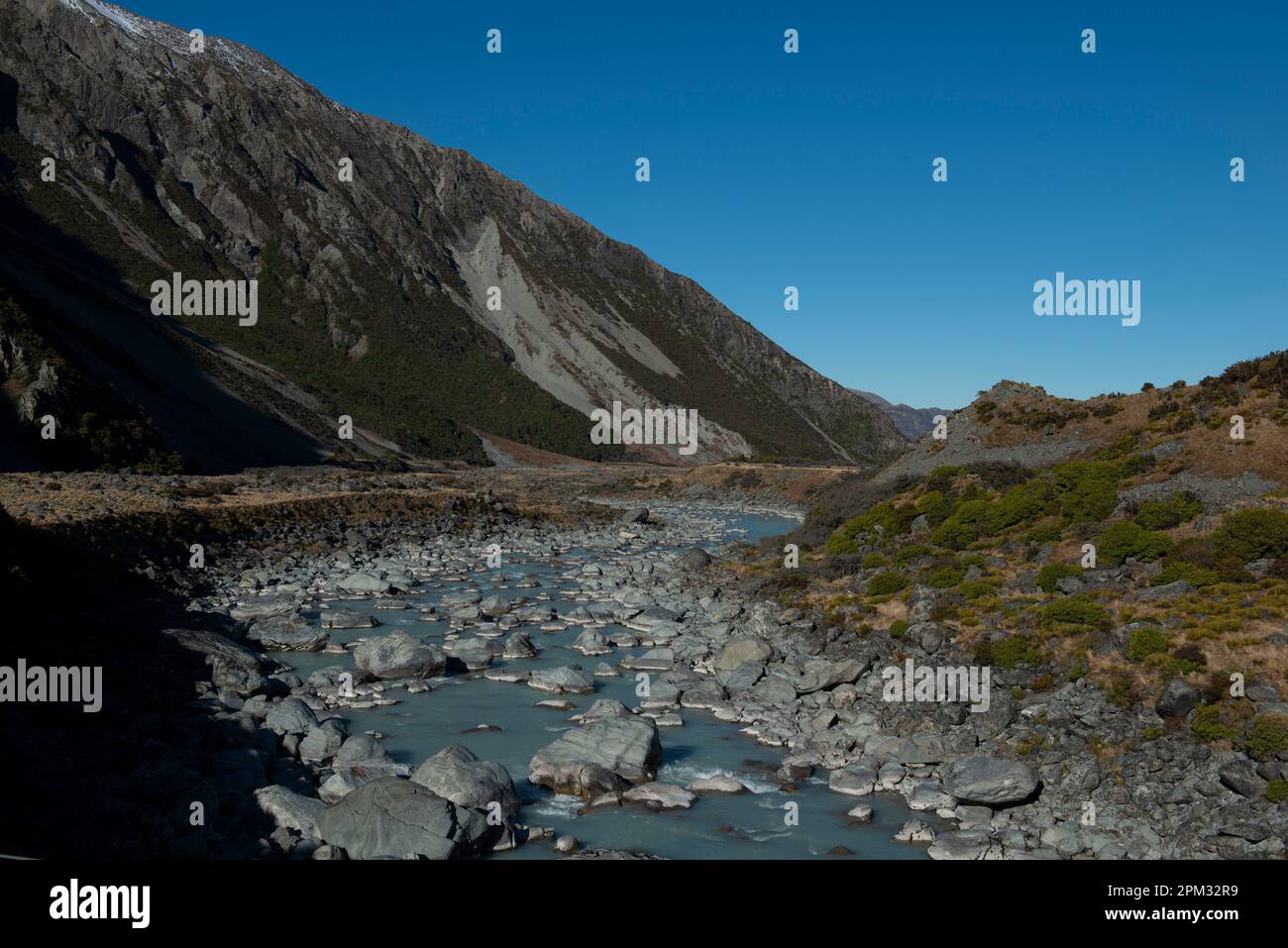 Hooker River, Hooker Valley Walk, Aoraki/Mount Cook National Park, Südliche Alpen, Canterbury, South Island, Neuseeland Stockfoto