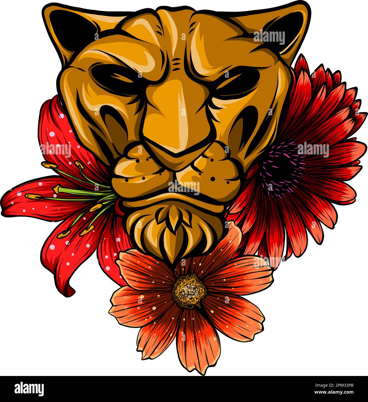 Porträt eines Löwenkopfes mit Blumenkränzen. vektordarstellung auf weißem Hintergrund. Digitales Handzeichnen Stock Vektor