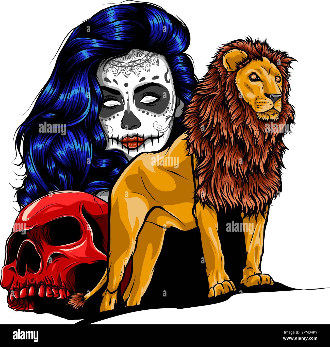 löwe mit Schädel- und Mädchenvektordarstellung auf weißem Hintergrund. Digitales Handzeichnen Stock Vektor