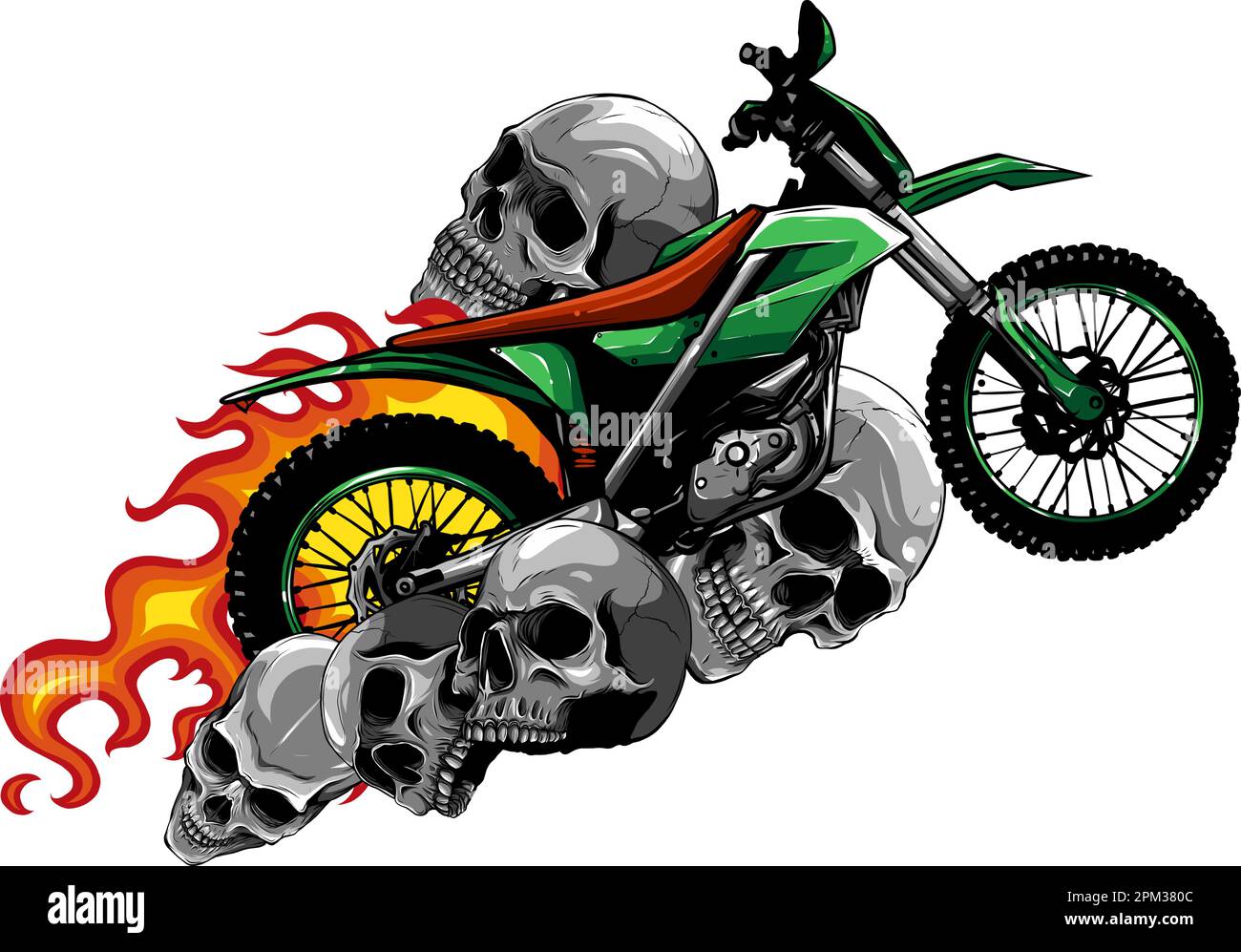 Schädel um Motocross-Motorrad mit Flammen Stock Vektor