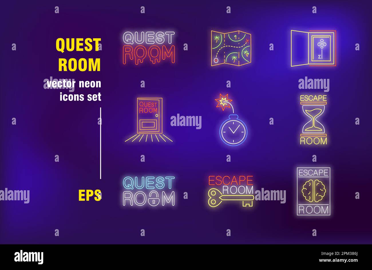 Quest Room mit Neonschildern Stock Vektor