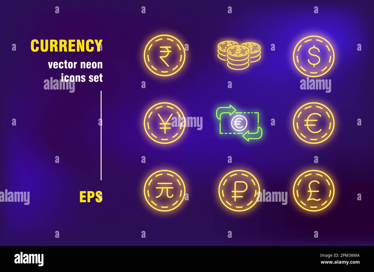 Neonzeichen für Währung gesetzt Stock Vektor