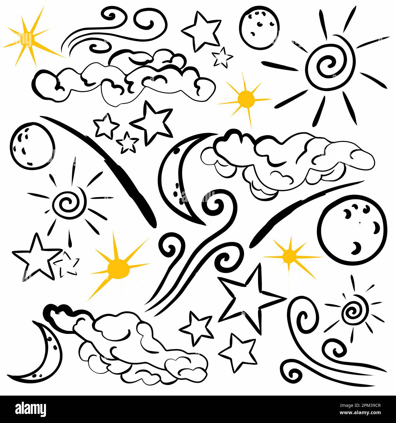 Handgezeichnete Vektorelemente Mond, Sterne, Wolken. Illustrationen im Skizzenstil. Perfekt für Drucke, Postkarten, Poster usw. Stock Vektor