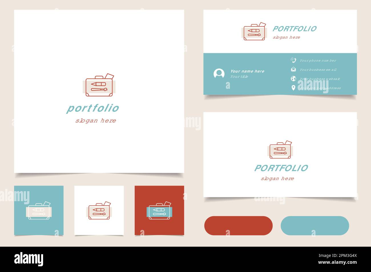 Portfolio Logo-Design mit editierbarem Slogan. Branding-Buch und Visitenkartenvorlage. Stock Vektor