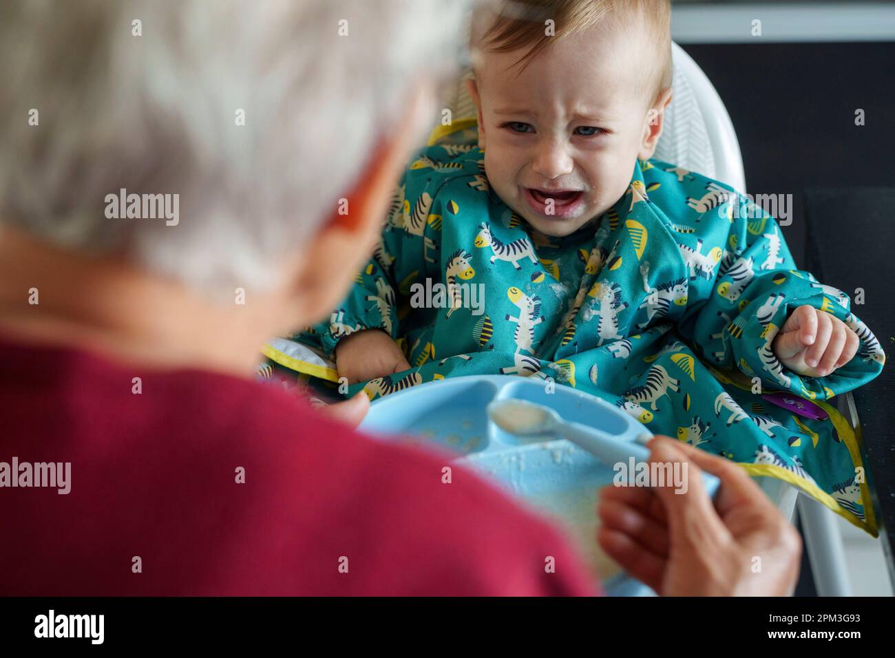 Großmutter füttert ihren pingeligen Enkel Stockfoto