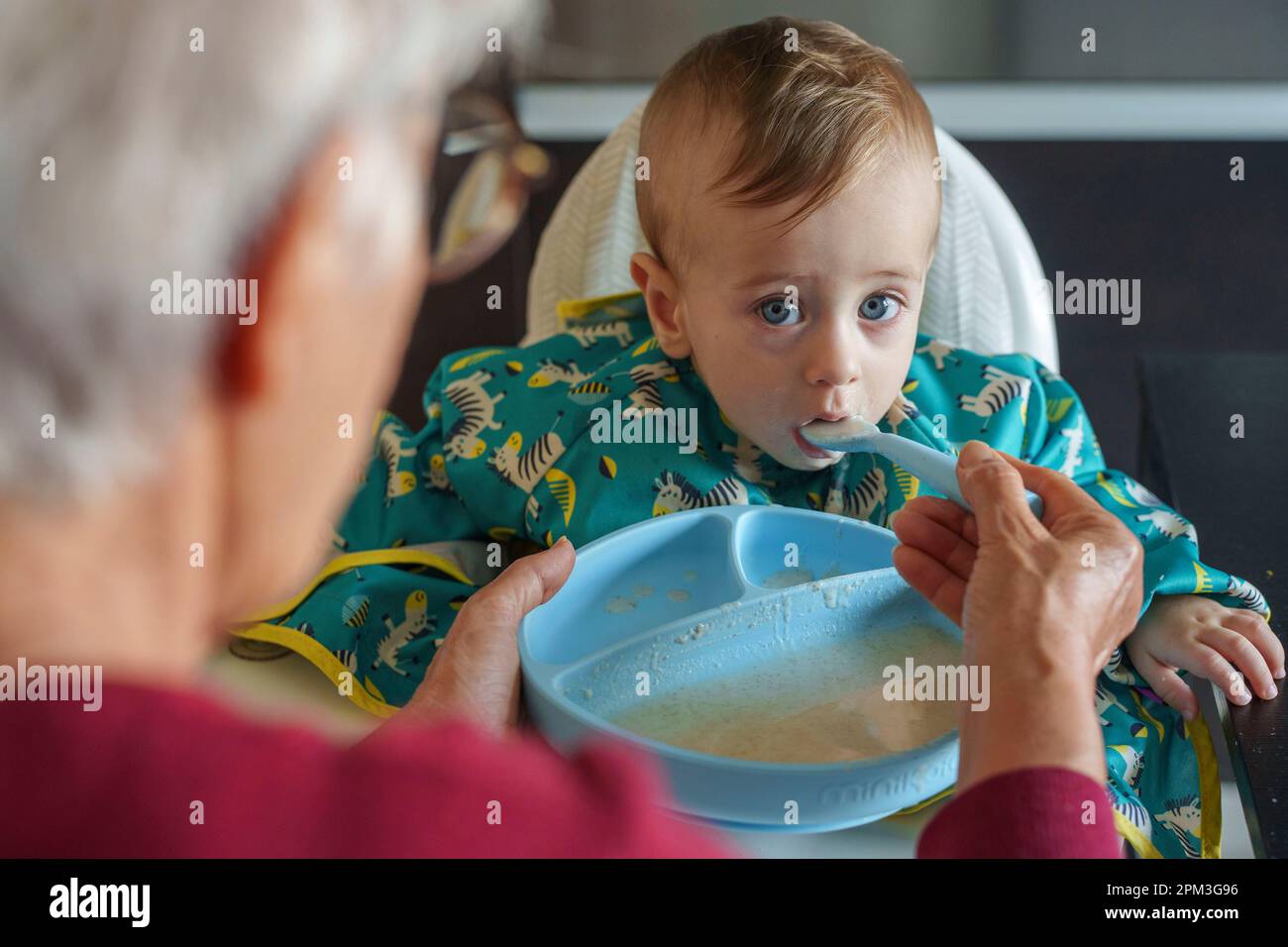 Großmutter füttert ihren Enkel Stockfoto